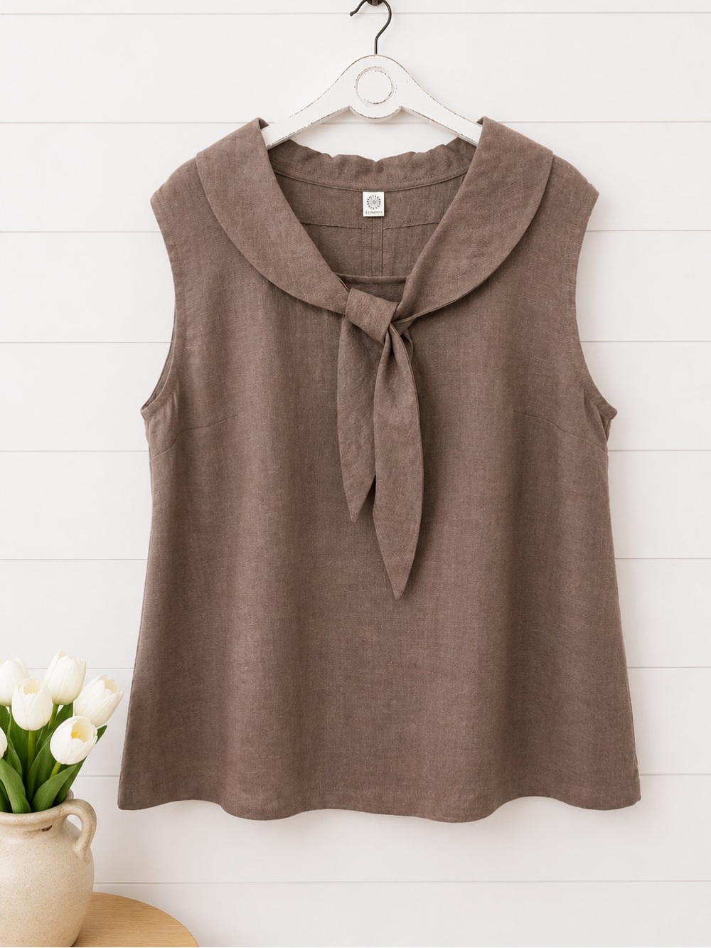 Brown Linen Tie-Neck Sleeveless Tank - Picture 1 of 5